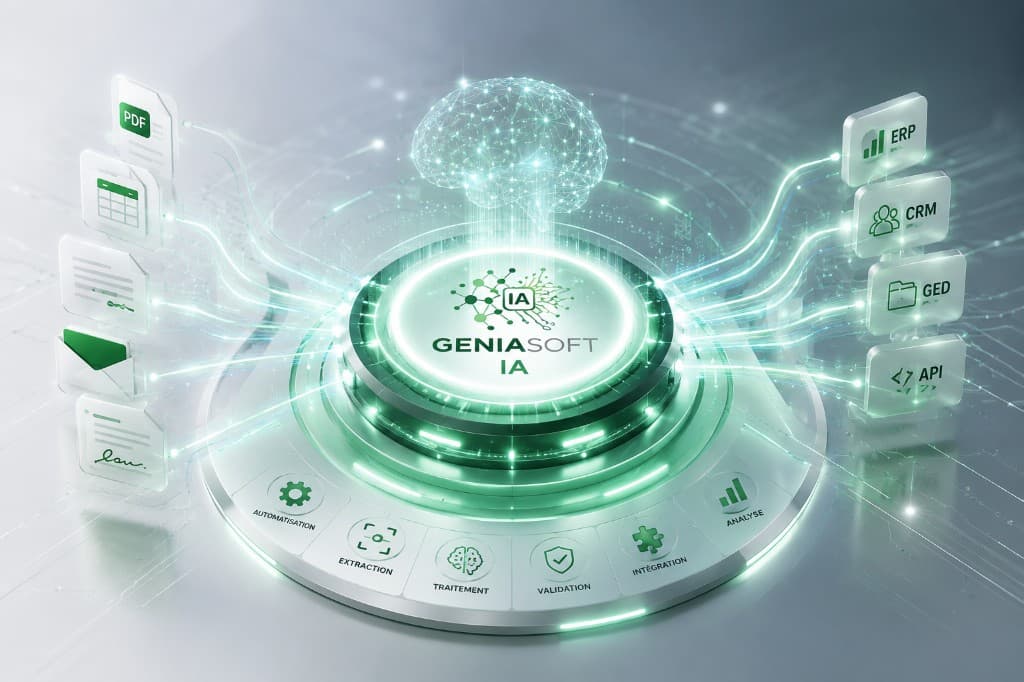 Plateforme GeniaSoft IA connectant documents, ERP, CRM, GED et API