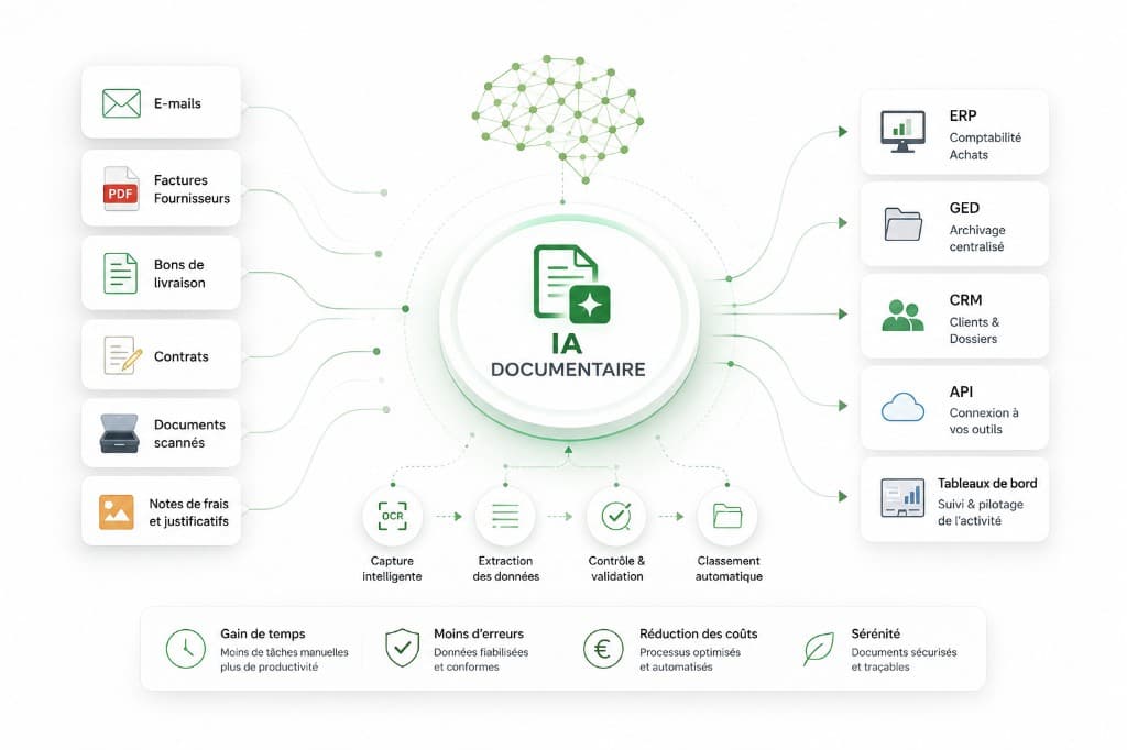 Schéma IA documentaire : capture, extraction, validation et intégration ERP, GED, CRM