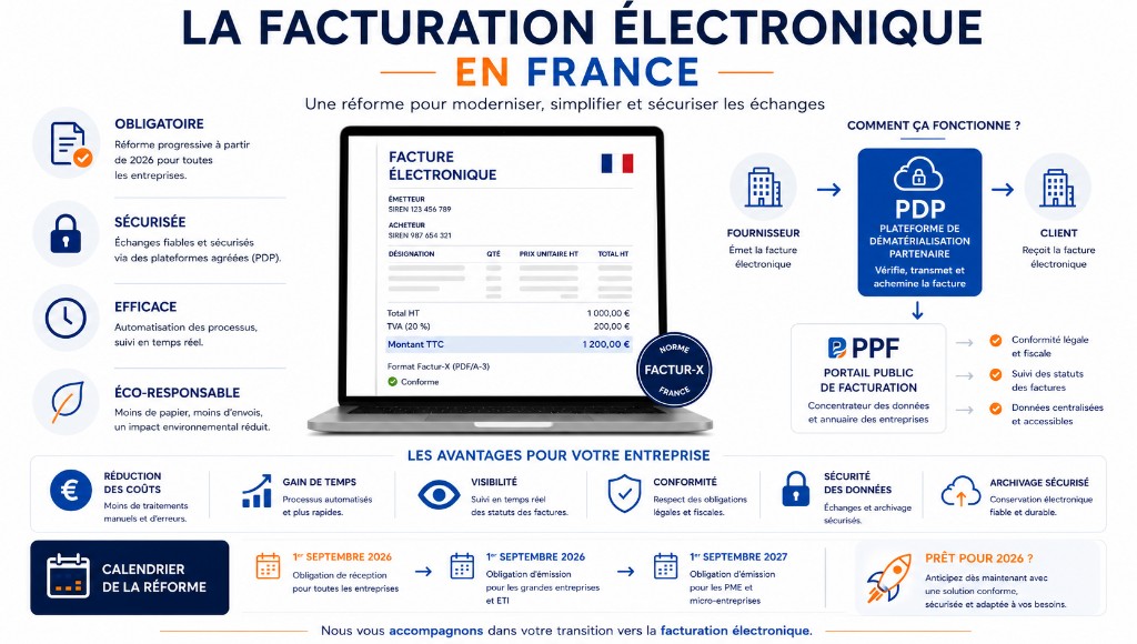 Infographie sur la facturation électronique en France : fonctionnement PDP/PPF, avantages pour les entreprises et calendrier 2026-2027