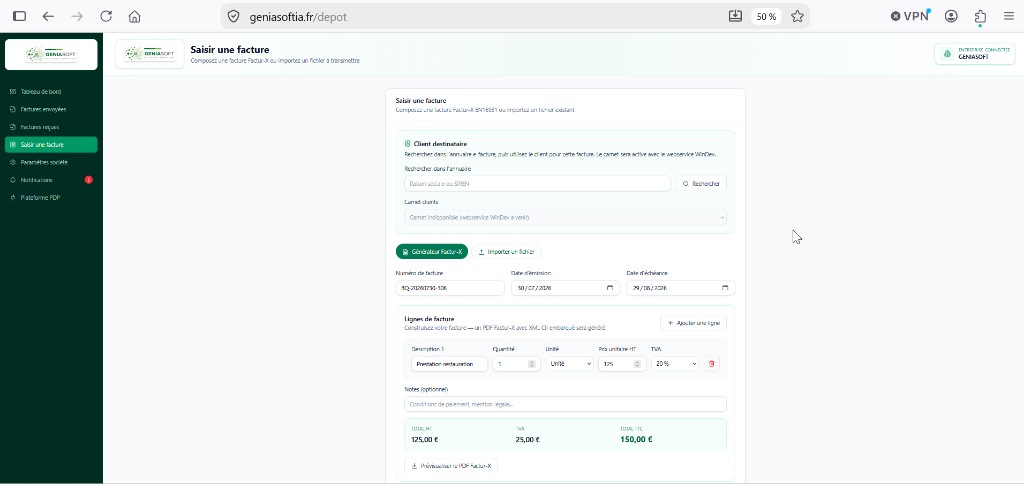 Écran Saisir une facture du portail e-invoicing GeniaSoft IA : annuaire destinataire, lignes de facture et génération Factur-X